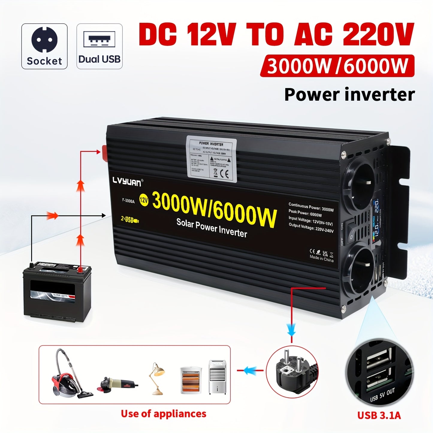 Omvormer 3000W – Stroomomzetter – Spanningsomzetter – Inverter – Power Converter – 6000W Piekvermogen – LCD-Display – 2x AC Uitgang & 2x USB Poorten