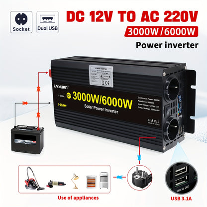 Omvormer 3000W – Stroomomzetter – Spanningsomzetter – Inverter – Power Converter – 6000W Piekvermogen – LCD-Display – 2x AC Uitgang & 2x USB Poorten
