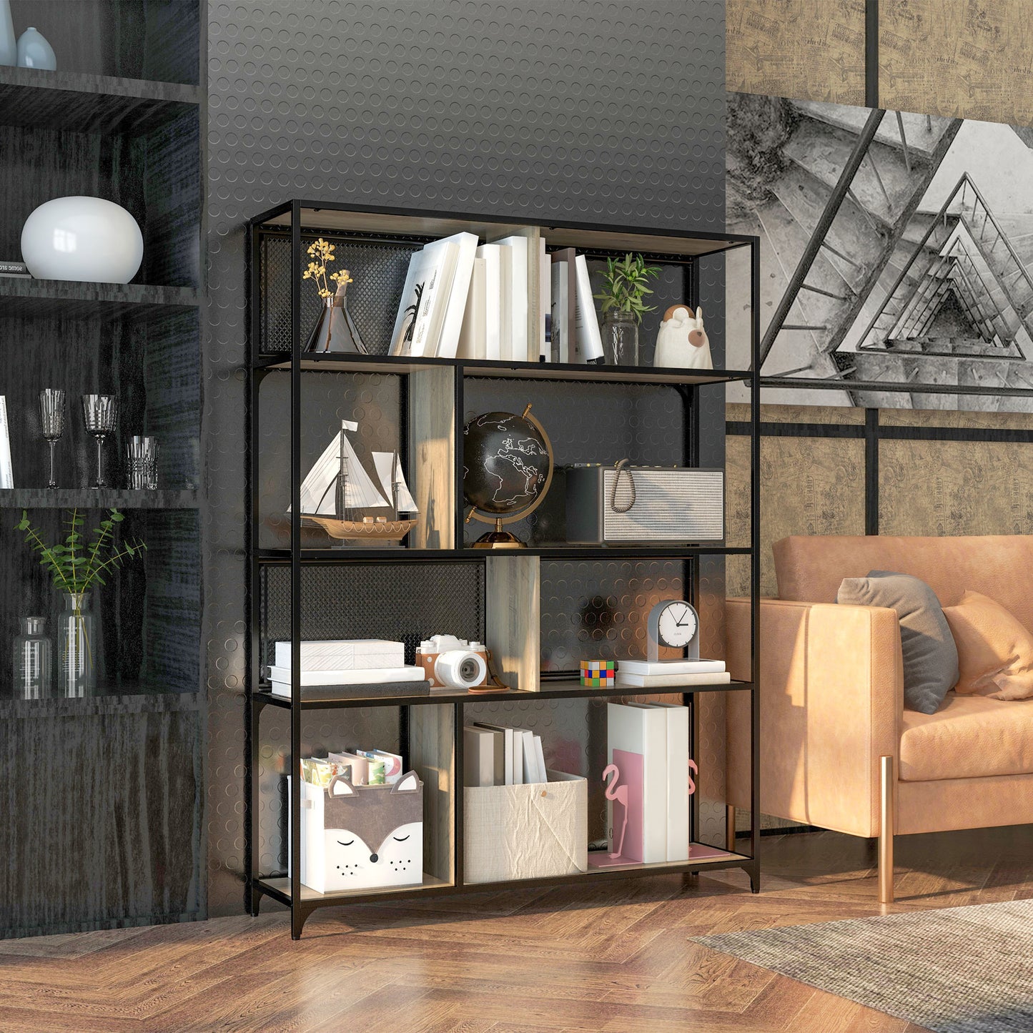 Boekenkast – Vakkenkast – Opbergkast – Rek – Kast – Industrieel Stalen Frame – 5 Lade Niveaus – 120x30x161 cm Grijs-Zwart