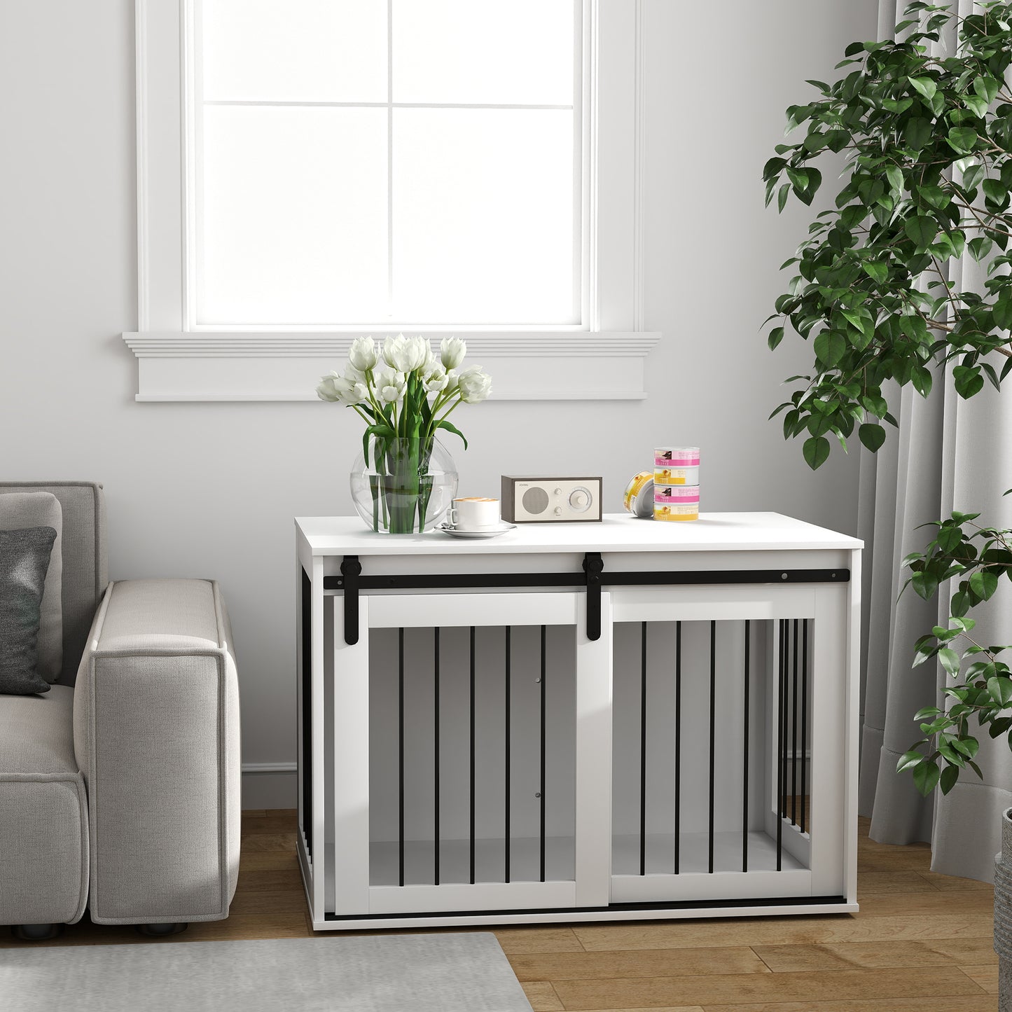 Hondenbench – Hondenkooi – Hondenhok – Hondenkooi Met Deur – Hondenbench Met Schuifdeur – Ventilatie Aan Drie Zijden – Walnoot Spaanplaat En Stalen Frame 98x58x61 cm