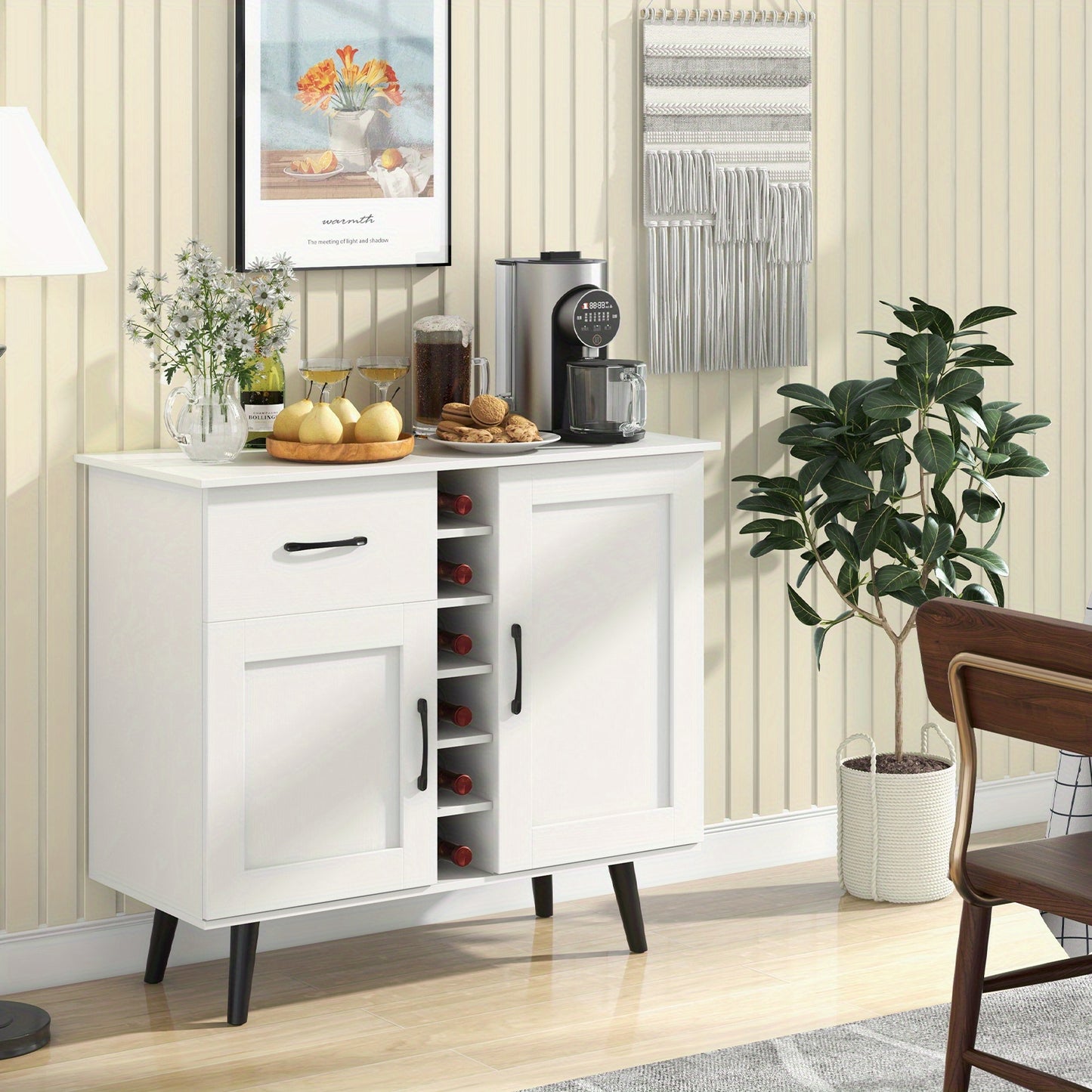 Buffetkast – Sideboard – Dressoir – Opbergkast – Wijnkast – 90x40x79 cm – Verstelbare Planken & Anti-Kantelbeveiliging – Metalen Poten & MDF Wit