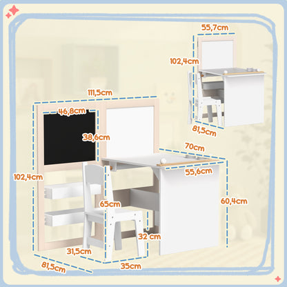 Kinderbureau met Stoel – Kindermeubel – Speeltafel – Tekenbureau – Kindertafel – 3-in-1 Design – Inklapbaar Krijtbord – Ruime Opbergruimte – MDF Wit – Voor 3 tot 8 Jaar