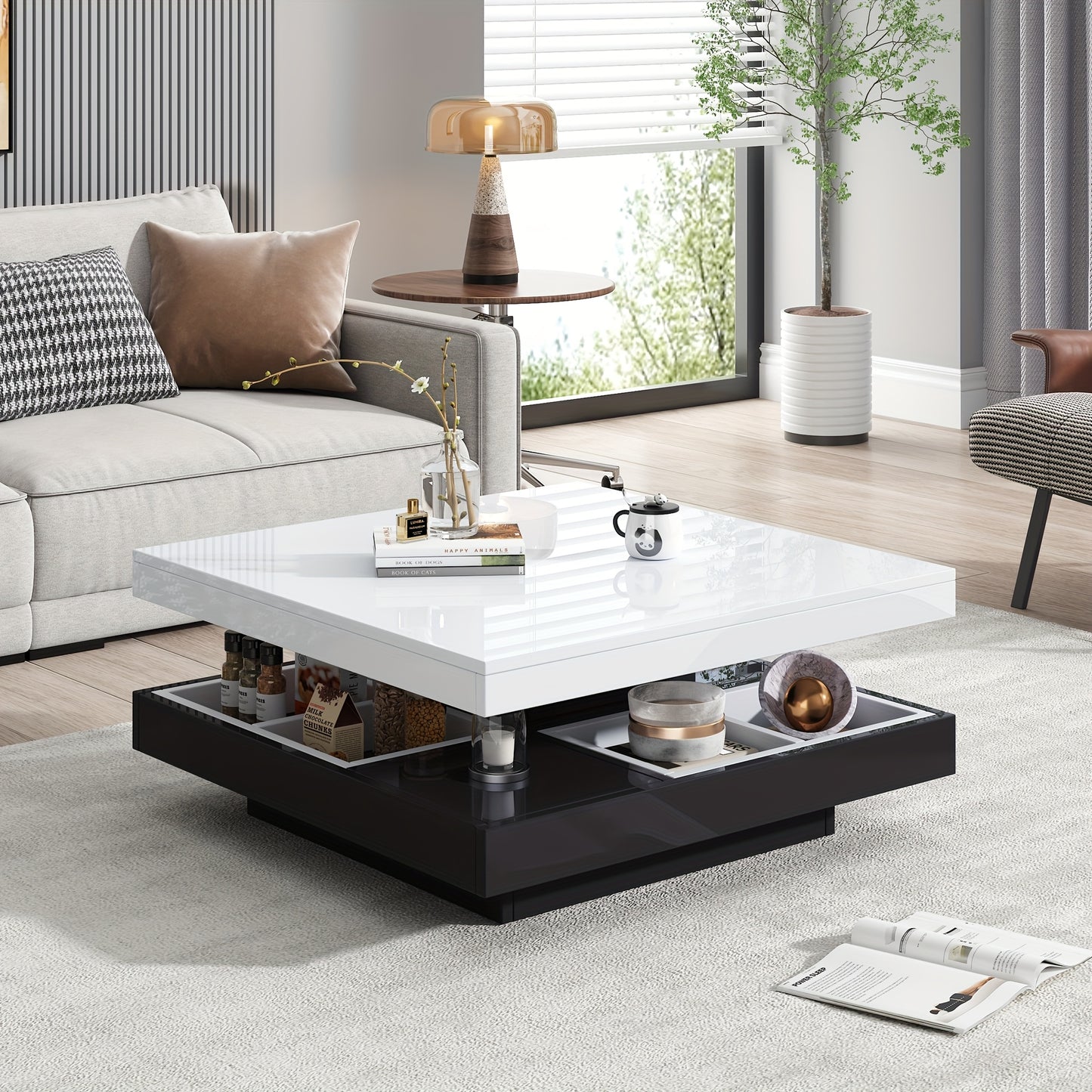Salontafel – Woonkamertafel – Koffietafel – Bijzettafel – Draaibare Tafel – Hoogglans Wit – Zwart Frame – 360° Draaibaar – 2-Niveaus Opbergruimte 70x70x36 cm