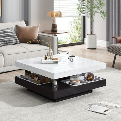 Salontafel – Woonkamertafel – Koffietafel – Bijzettafel – Draaibare Tafel – Hoogglans Wit – Zwart Frame – 360° Draaibaar – 2-Niveaus Opbergruimte 70x70x36 cm