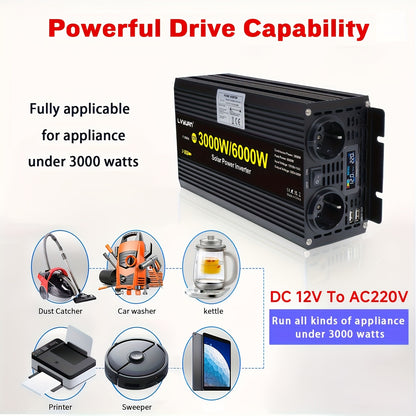 Omvormer 3000W – Stroomomzetter – Spanningsomzetter – Inverter – Power Converter – 6000W Piekvermogen – LCD-Display – 2x AC Uitgang & 2x USB Poorten