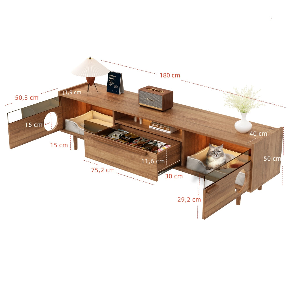 Modern TV Cabinet with Cat Lounge and One Drawer (Cat Cushion Not Included), Brown, 180×40×50cm, Ideal for Living Rooms, Bedrooms, and Relaxation Areas