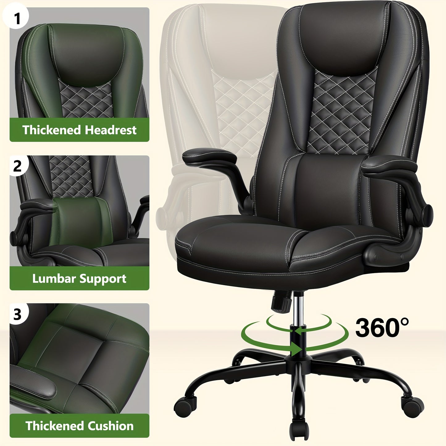 KERDOM Heavy Duty Executive Office Chair - Extra Wide Big and Tall Computer Desk Chair with Ergonomic High Back Support, Height-Adjustable, 135° Tilt & Rocker Mechanism, Lumbar Cushion, Flip-Up Arms, Heavy Duty 150kg/330lbs