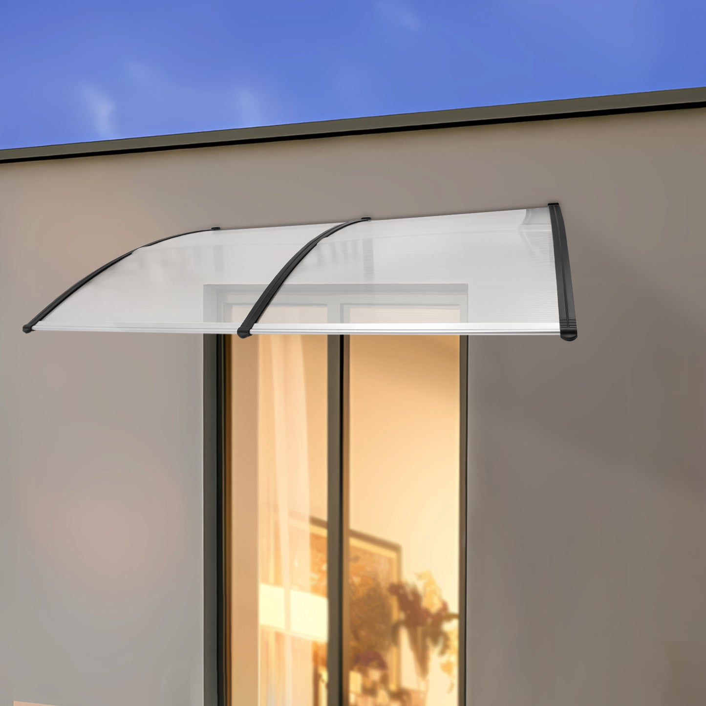 Deurzonwering – Deurluifel – Voordeurkap – Overkapping – Zonwering – Duurzaam PC/PP Materiaal – 200 cm Breed – Modern Gebogen Design – UV- en Weerbestendig – Makkelijke Wandmontage