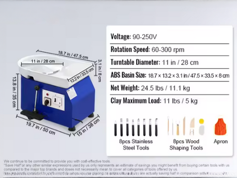 Pottenbakkerij - Pottenbakkers Draaischijf - Elektrische Pottenbakkers Draaischijf - Elektrische Pottenbakkersschijf Machine - 60-300RPM - 350W 5kg - met Snelheidshendel, Voetpedaal Contro en ABS Afneembare Bak - Blauw