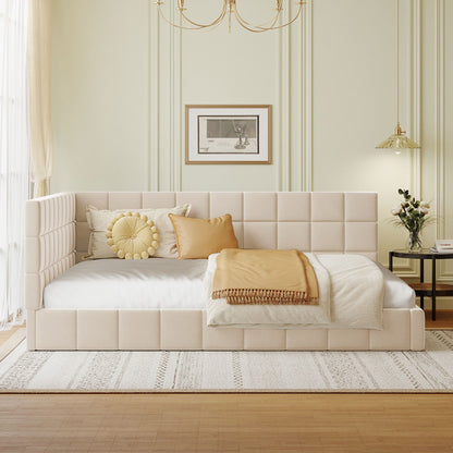 Upholstery bed sofa bed 140200 multifunction bed with slatted frame made of Light Beige -minded velvet stoff beige