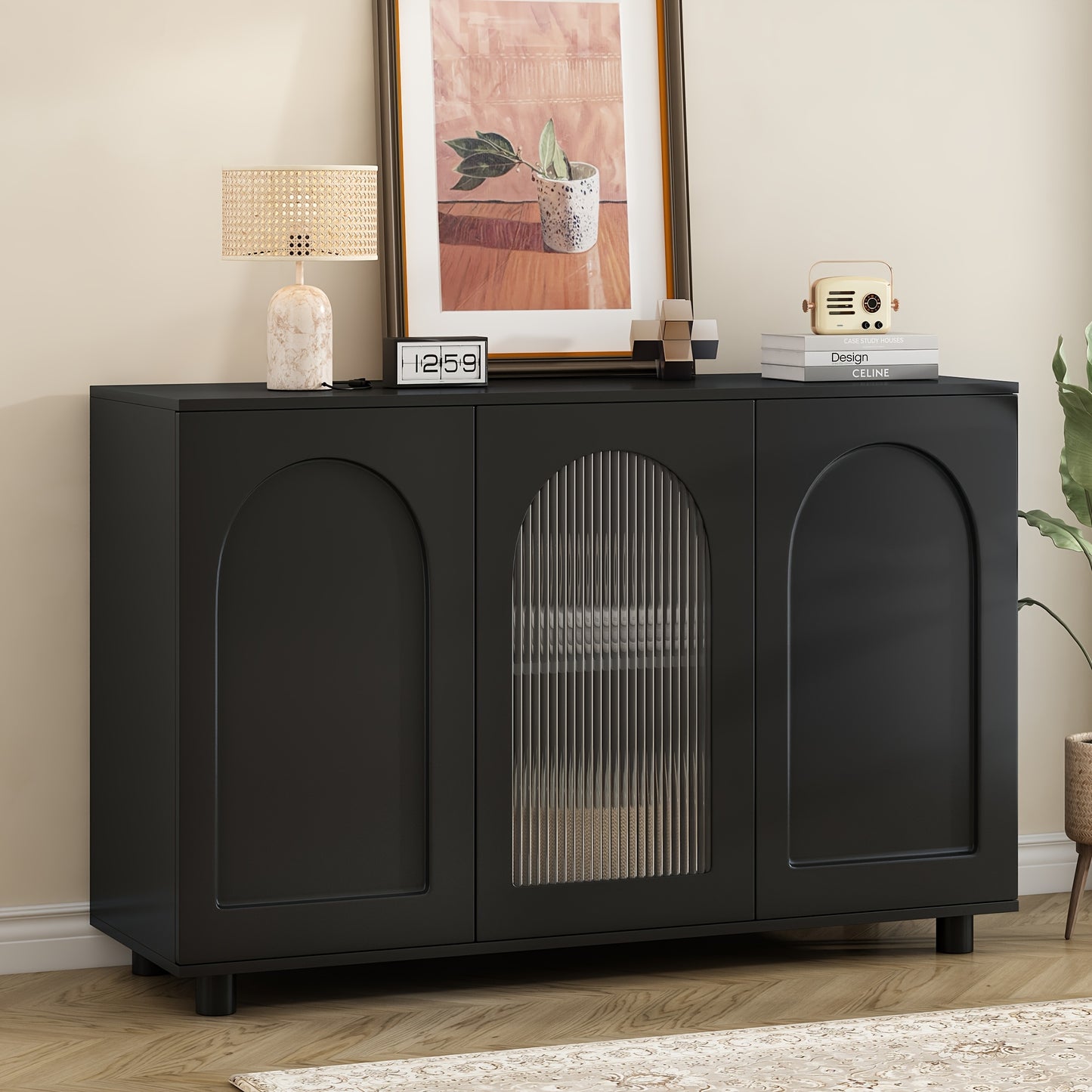 A Stylish And Black U-Shaped Storage Cabinet for The Entryway, Equipped with Compartments, Functioning As a Sideboard, And Showcasing Glass Doors Along with a Spring-Loaded Panel Design.