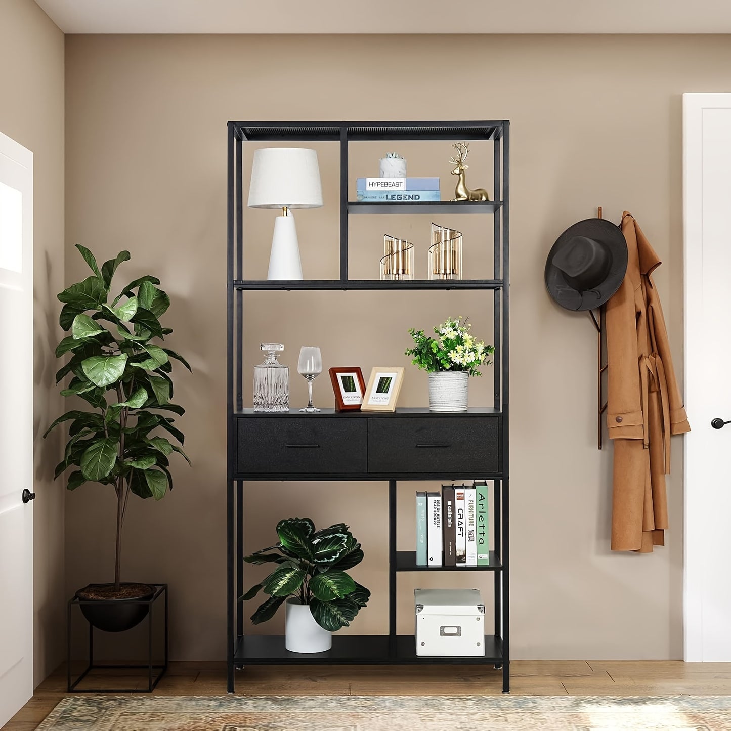 Boekenplank – Boekenrek – Wandplank – Boekenkast – Wandrek – Industrieel Metalen Frame – 5 Laags Met Laden – Staand – Zwart