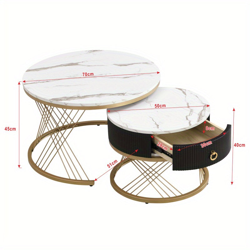 Salontafel – Koffietafel – Bijzettafel – Tafeltje – Woonkamertafel – Wit MDF Met Gouden Accenten – 2-Delige Set Met Lade En Verstelbare Pootjes