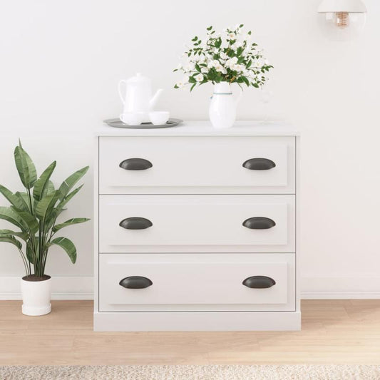 Modern White Wooden Sideboard with Black Handles - 70x35.5x67.5cm, 3-Drawer Storage Cabinet for Living Room or Bedroom, Minimalist Design with Decorative Vase and Teapot Display, Bedroom Storage, Minimalist Furniture, Elegant