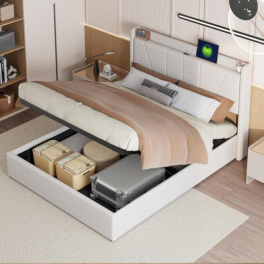 Tweepersoonsbed – Bed – Slaapbed – Opbergbed – Linnen Bed – 160x200 cm – Met Opbergruimte Onder Lattenbodem – Hoofdbord Met USB- en Type C-poorten