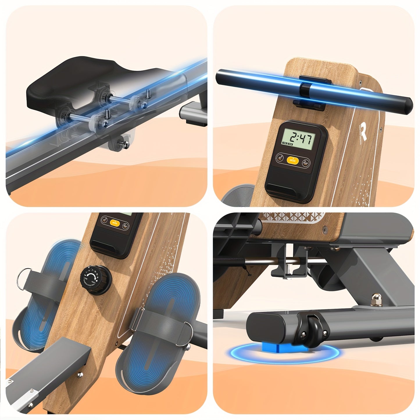 Roeitrainer – Roeimachine – Fitnessapparaat – Hometrainer – Workoutmachine – Magnetische Weerstand 16 Niveaus – Compact Verticaal Opvouwbaar – Grijs – 150 kg Draaggewicht – Draadloze Monitor