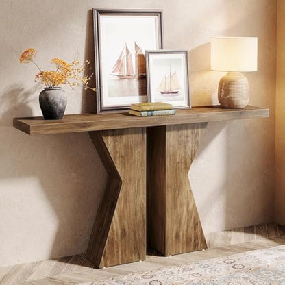 Console Tafel – Smalle Sidetable – Haltafel – Sofa Tafel – Sidetable Eikenlook – 140 cm Breed – 4 cm Dikke Houten Top – Robuuste K-vormige Onderstel