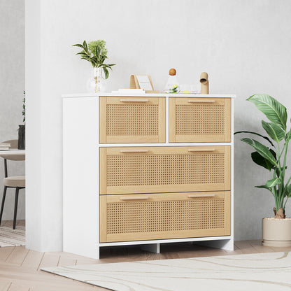 Opbergkast – Dressoir – Ladekast – Kast – Rattan Kast – 4 Grote Laden – Natuurlijk Wit Hout