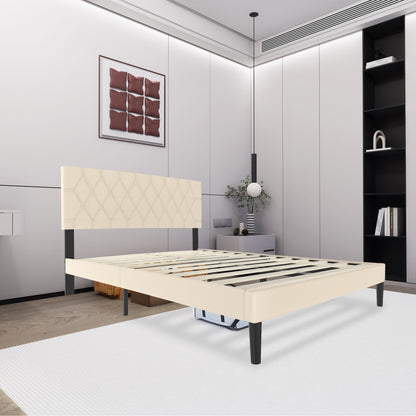 Upholstered Bed Frame – Gestoffeerd Bed – Bedframe – Platformbed – Bed Met Hoofdbord – Zwart 140x200 cm – Linnen Bekleding – Stil Geluidloze Lattenbodem