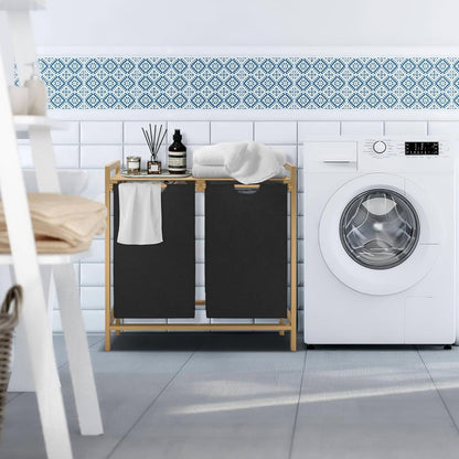 Wasmand – Wasbak – Wasopbergbak – Wasbox – Wascontainer – 2 x 36L Oxford Stof – Stevig Bamboe Frame Met Plank