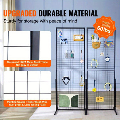 Gridpanelen – Metalen Gridpanelen – Dubbelzijdige Wandpanelen – Display Roosters – Ophangrekken – Dubbelzijdig Design – Hoogte 182,88 cm – Inclusief T-Vormige Voet en Haken