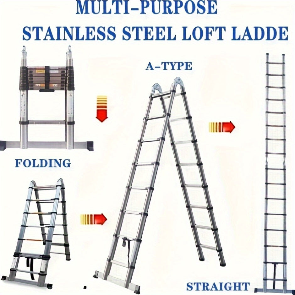 Telescopische Ladder – Uitschuifbare Ladder – Vouwladder – A-Frame Ladder – Trappenladder – 5 Meter Hoogte – Roestvrij Staal & Stabilisatorbalk