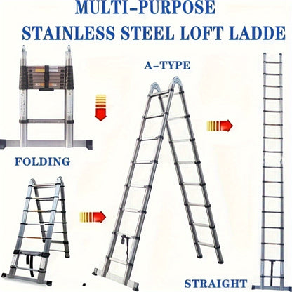 Telescopische Ladder – Uitschuifbare Ladder – Vouwladder – A-Frame Ladder – Trappenladder – 5 Meter Hoogte – Roestvrij Staal & Stabilisatorbalk