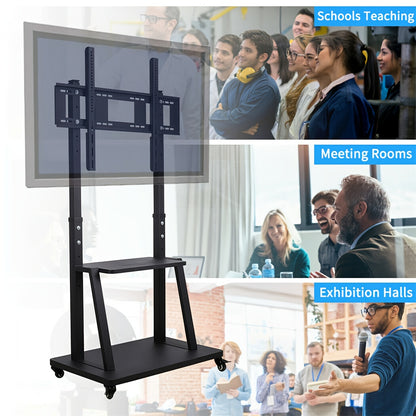 Mobiele TV-standaard – Verrijdbare TV-wagen – Verstelbare TV-houder – Mobiele TV-kar – TV-trolley Zwart – Verstelbare hoogte tot 175 cm – Stevige metalen constructie tot 80 kg