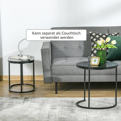 Koffietafel – Bijzettafel – Salontafel – Tafelset – Set Van 2 – Marmerlook – Metalen Onderstel – Ø50 x 50,5 cm – Zwart – Stapelbaar – Modern Design