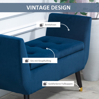 Opbergbank – zitbank – bench – opbergmeubel – zitkist – Velvet-Look Bekleding – Ruime Opbergruimte – Massief Houten Poten – Blauw – 107x42x65 cm
