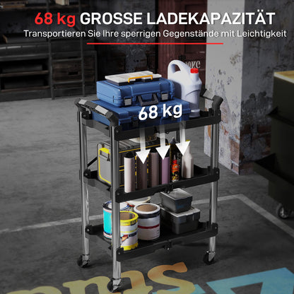 Gereedschapswagen – Werkplaatswagen – Trolley – Gereedschapstrolley – Opvouwbare kar – 3 Lagen Opbergruimte – Duurzaam Kunststof en Staal – Zwart