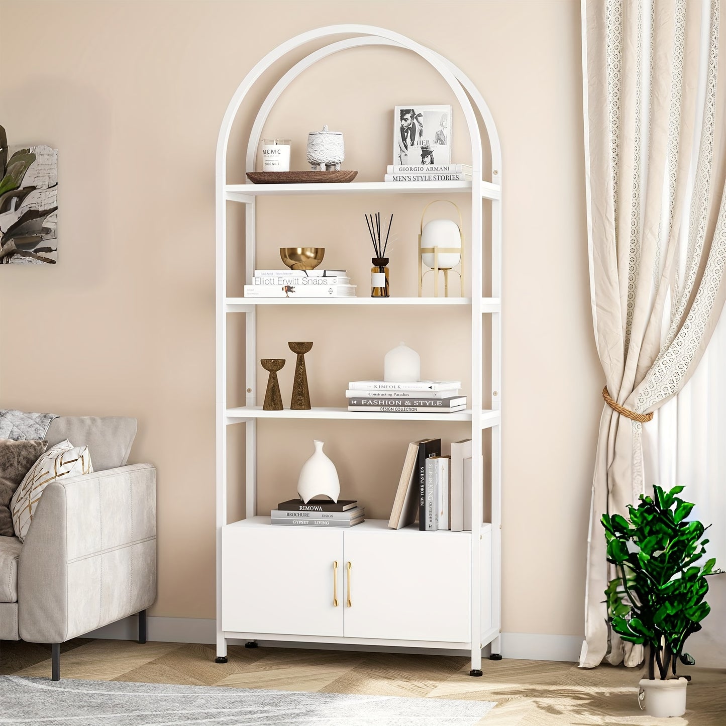 Boekenkast – Boekenrek – Opbergkast – Vakkenkast – 4-laags met deurtjes – Industrieel metalen frame – Wit houtlook – 182 cm hoog – Vrijstaand en ruimtebesparend