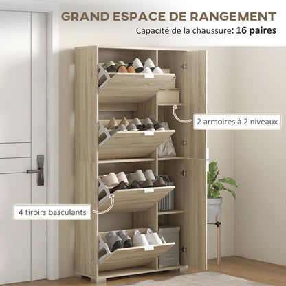 Schoenenkast – Schoenopberger – Schoenenrek – Schoenenkastje – Schoenenmeubel – 4 Deuren Met Spiegel – Verstelbare Planken Voor 16 Paar Schoenen