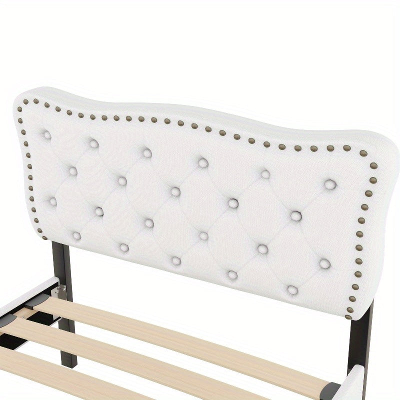 Gepolsterd Bed – Eénpersoonsbed – Slaapbed – Bedframe – Boxspring – Lichtbeige – 90x200 cm – Decoratieve Nagels – Dubbele Lade-opslag