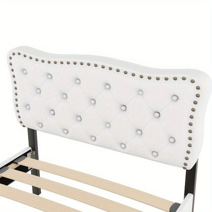 Gepolsterd Bed – Eénpersoonsbed – Slaapbed – Bedframe – Boxspring – Lichtbeige – 90x200 cm – Decoratieve Nagels – Dubbele Lade-opslag