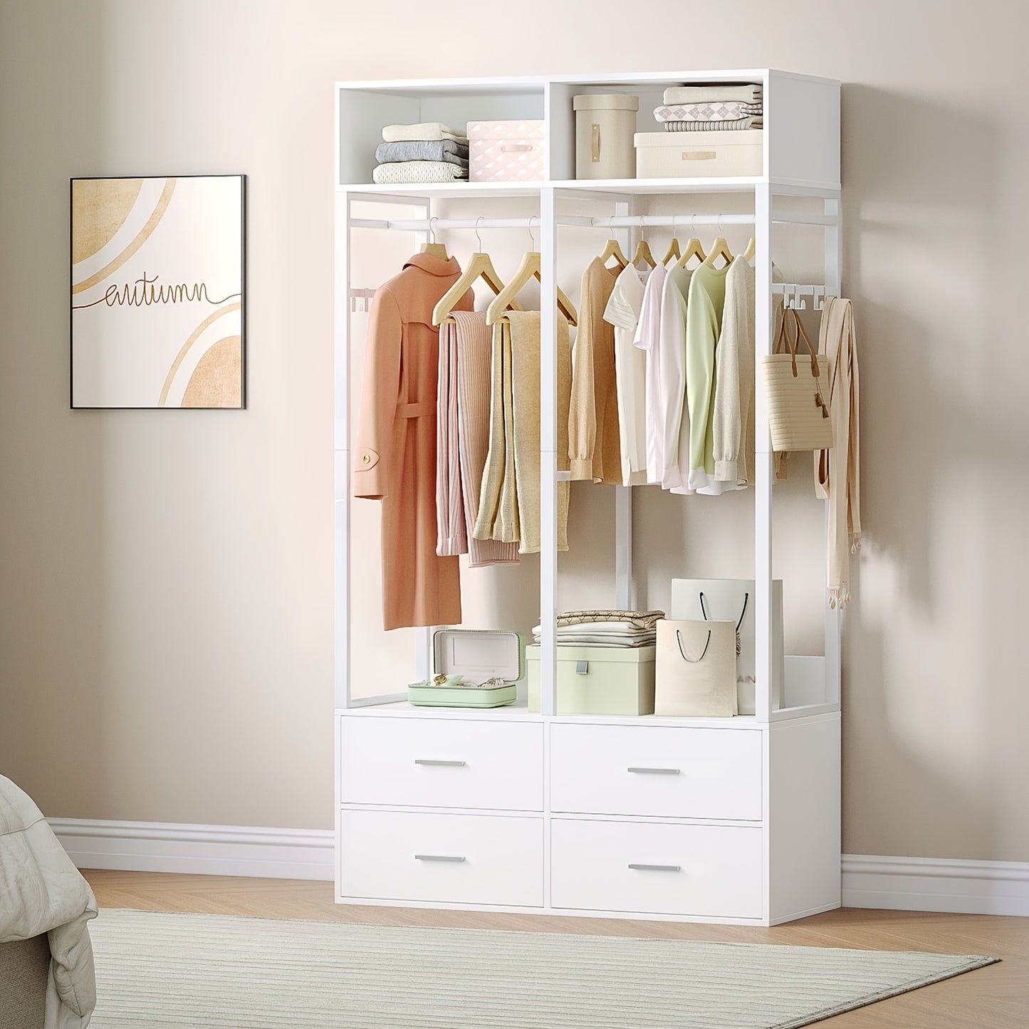 Kledingkast – Open Kledingkast – Garderobekast – Opbergkast – Kleerkast – MDF en Metaal – 4 Lades en 8 Haken – 185x100x43 cm – Wit