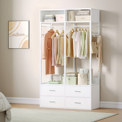 Kledingkast – Open Kledingkast – Garderobekast – Opbergkast – Kleerkast – MDF en Metaal – 4 Lades en 8 Haken – 185x100x43 cm – Wit