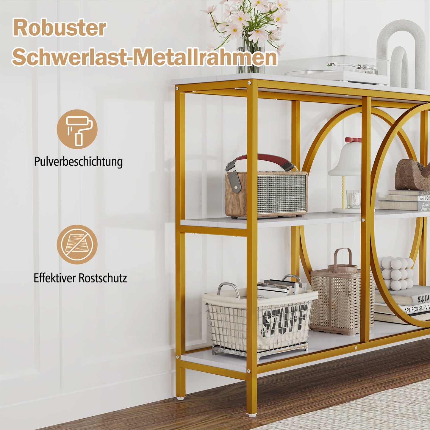 3-laags Sidetable – Opbergtafel – Sofa Tafel – Haltafel – Accentaﬂee met Opbergruimte – Wit en Goud – Zwaar Metaal Frame – Wijd Faux Marmeren Blad 180 cm