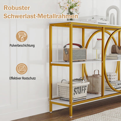 3-laags Sidetable – Opbergtafel – Sofa Tafel – Haltafel – Accentaﬂee met Opbergruimte – Wit en Goud – Zwaar Metaal Frame – Wijd Faux Marmeren Blad 180 cm