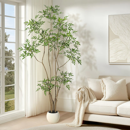 Artificial Tree, Artificial Nandina Domestica Tree, 210cm High Artificial Nandina Domestica Tree, Suitable for Home Decoration, with White Flower Pot, with Decorative Stones, Suitable for Indoor And Outdoor Home, Office, Livi