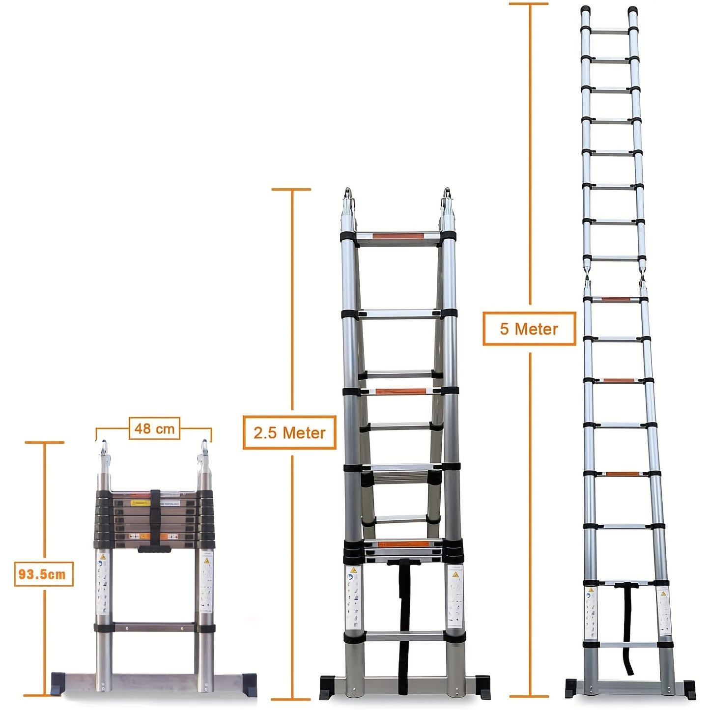 Telescopische Ladder – Uitschuifbare Ladder – Vouwladder – A-Frame Ladder – Trappenladder – 5 Meter Hoogte – Roestvrij Staal & Stabilisatorbalk