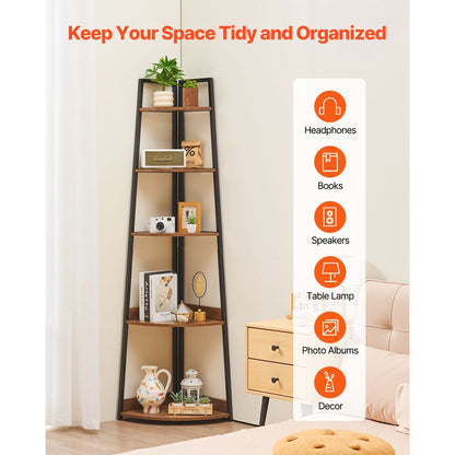 5-laagse Hoekplank – Hoekrek – Hoekboekenkast – Plantentafel – Vloerplank – Vrijstaand Design – Duurzaam Hout Bruin