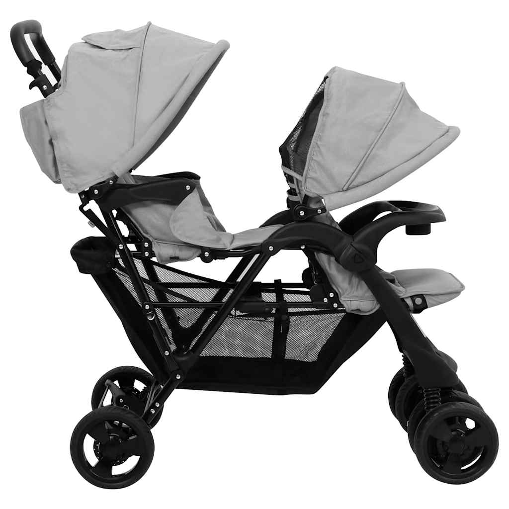 Tandem Buggy – Dubbele Kinderwagen – Tweelingwagen – Kinderwagen Voor Twee – Smalle Buggy – Lichtgrijs – Stalen Frame – Verstelbare Zonnekap