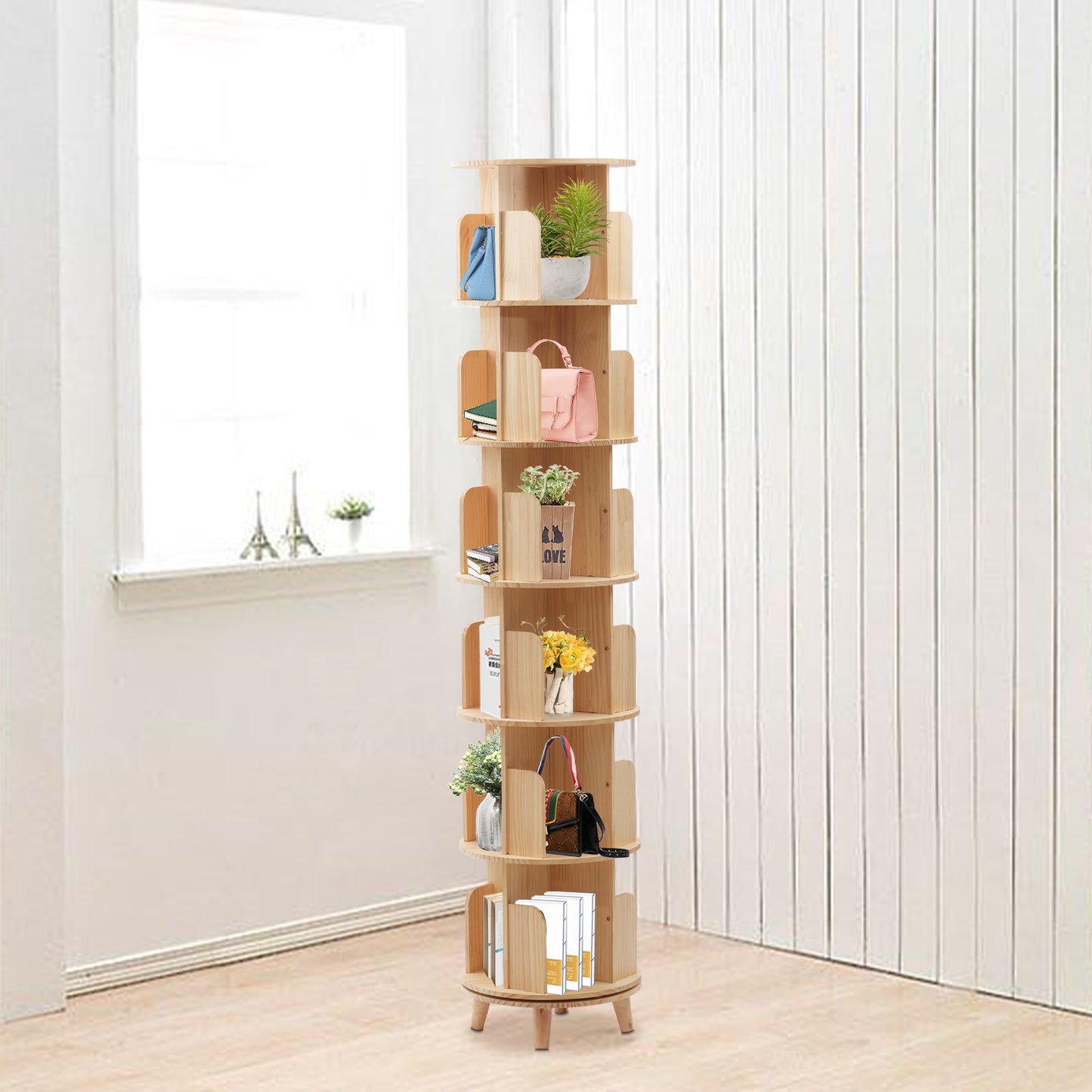 Boekenplank – Boekenrek – Boekenkast – Rotatieplank – Opbergmeubel – 6 Laags – 360° Draaibaar – Gemaakt Van Dennen- En Beukenhout – Compact Design 45 cm Diameter