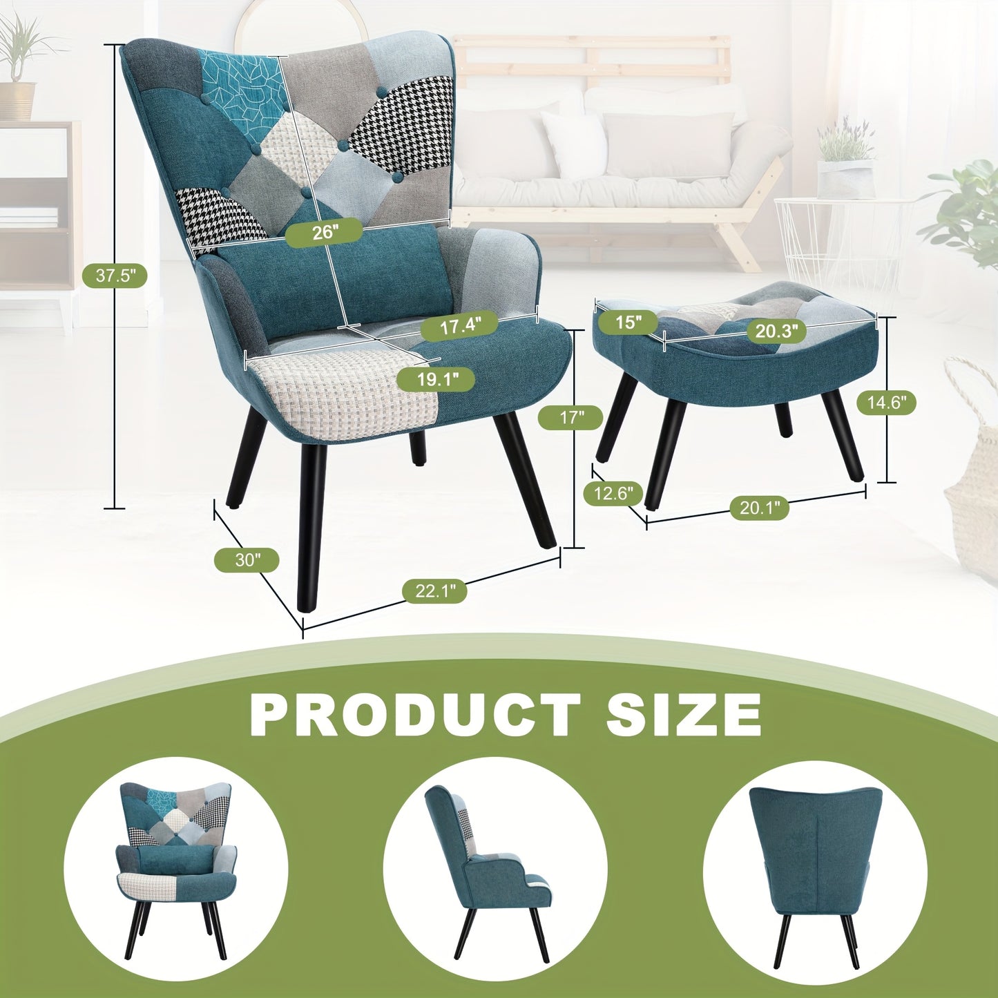 Fauteuil – Stoel – Lounge Chair – Relaxstoel – Blauw Linnen Fauteuil – Ergonomische Rugleuning – Inclusief Voetenbank