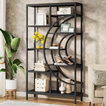 Boekenkast – Boekplank – Boekenrek – Opbergkast – Vakkenkast – Industriële Metalen Frame – 8 Vakken – 179 cm Hoog – Open Geometrisch Design – Zwart/Eikenhouten Planken