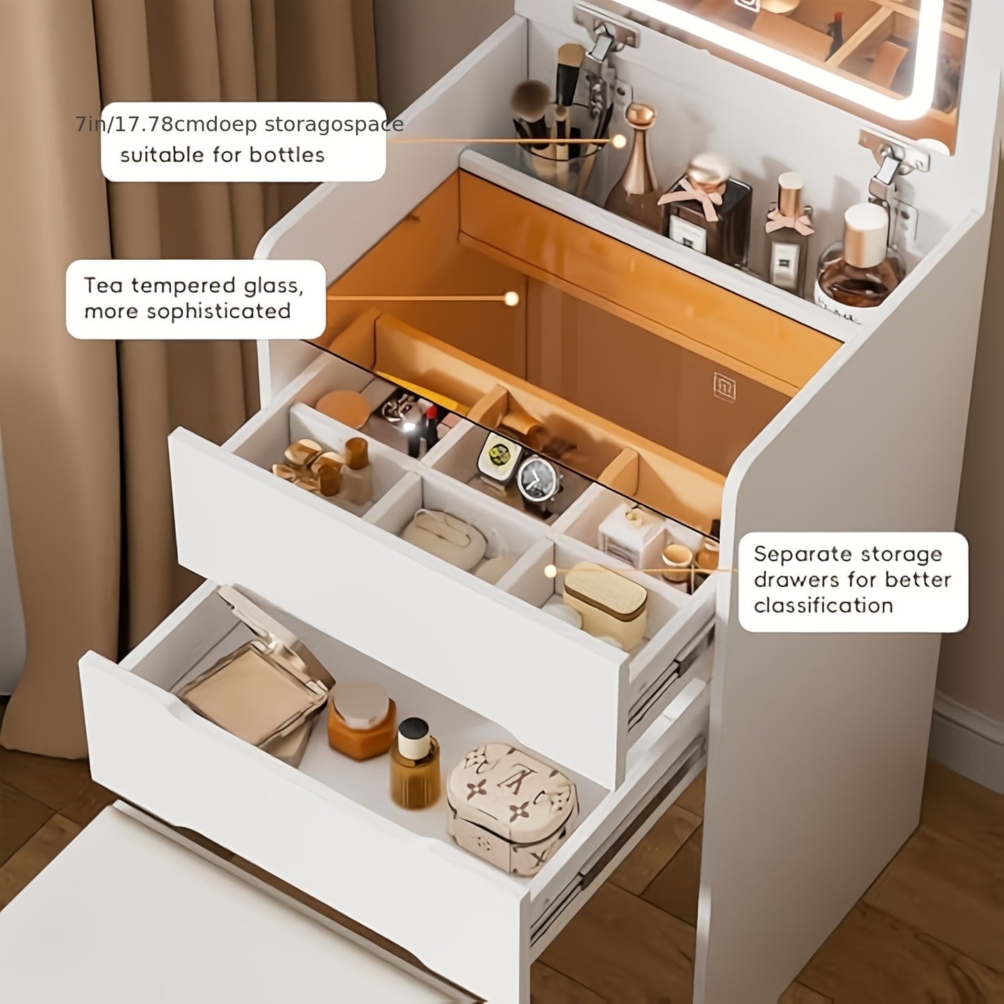 Make-up Tafel – Schminktafel – Kaptafel – Visagie Tafel – Make-up Bureau – Compact 3-in-1 Ontwerp – Inklapbare Spiegel – Wit Hout