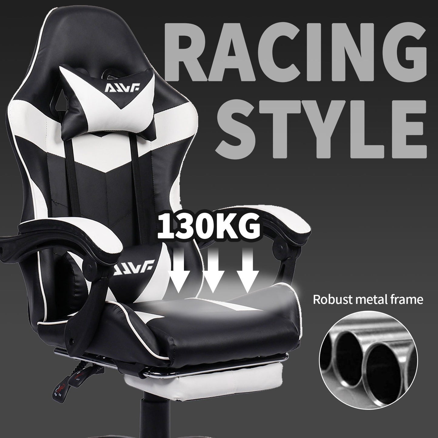 Gamingstoel – Gamestoel – Gaming Chair – Game Stoel – Bureaustoel – Ergonomisch Ontwerp – Verstelbare Voetsteun – Zwart/Wit – Kunstleer