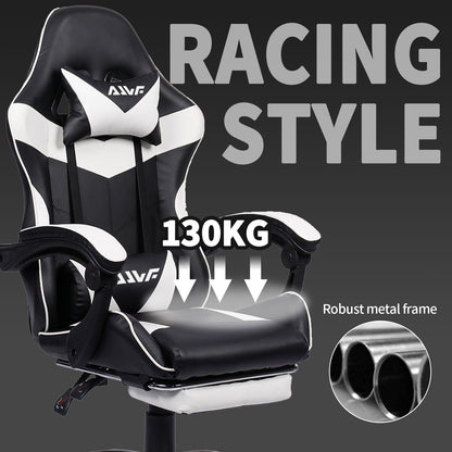 Gamingstoel – Gamestoel – Gaming Chair – Game Stoel – Bureaustoel – Ergonomisch Ontwerp – Verstelbare Voetsteun – Zwart/Wit – Kunstleer