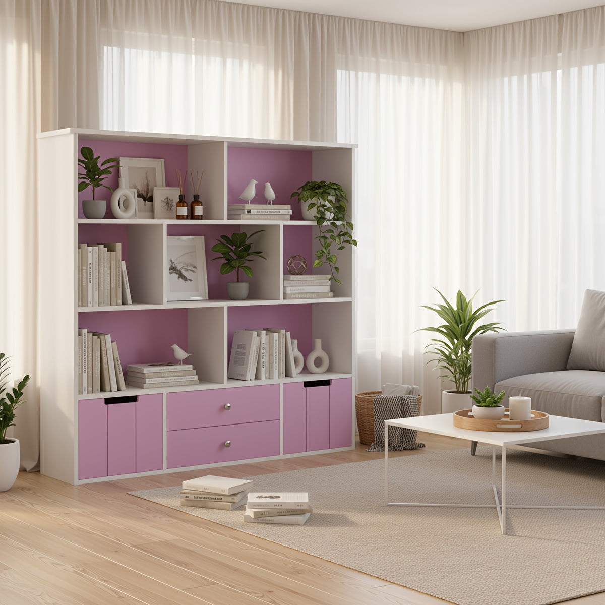 Boekenkast – Opbergkast – Vakkenkast – Wandkast – Boekenrek – 4-laags met Afsluitbare Lades – Stevig Houten Frame met Wieltjes